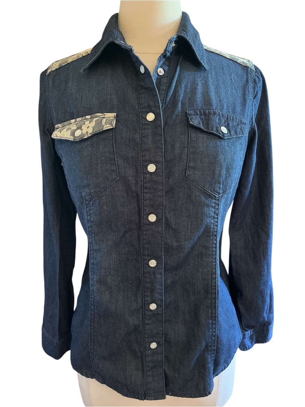 INC Dark Denim Western Long sleeve Snap Shirt with Contrast Flap Size 8P